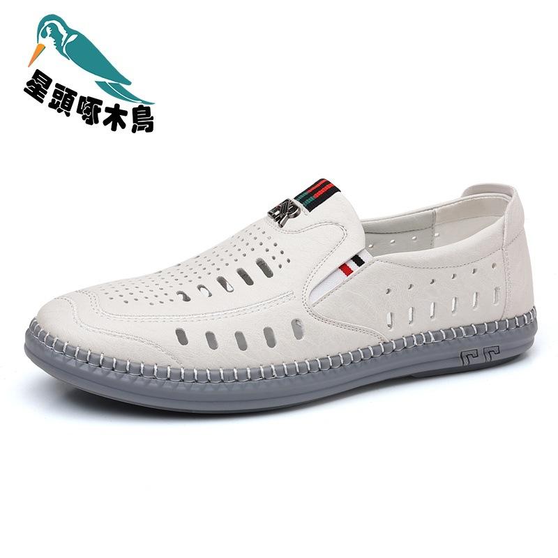 2025 new men's sandals business hollow punching men's shoes soft sole hole dad leather shoes