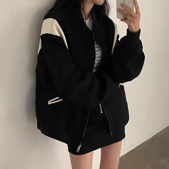 

Women s Colorblock Baseball Cardigan: Retro Loose Sweatshirt Jacket, Fleece-Lined for Early Spring/Autumn, 2025 Collection S
