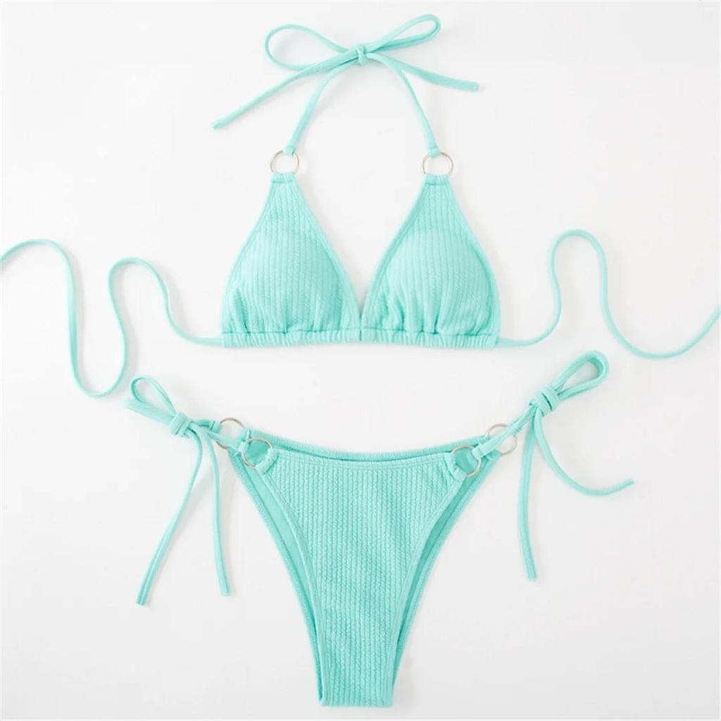 8 Colors Sexy Halter Strappy Ribbed Bikini Women Swimwear Female Swimsuit Two-pieces Bikini set Bather Bathing Suit Swim