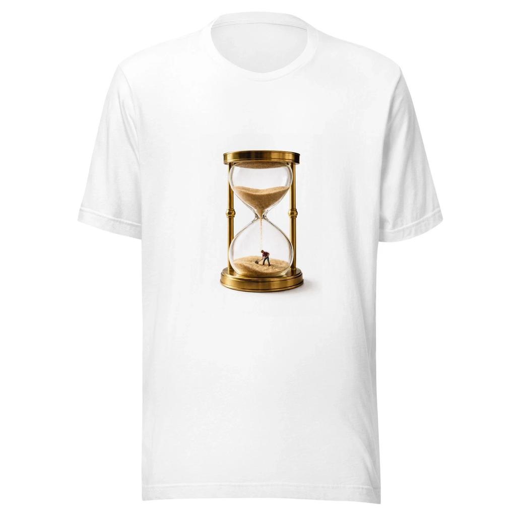 Unisex White T-Shirt. Little Man Shoveling in Hourglass.