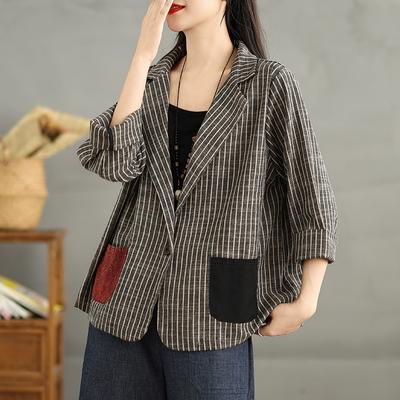 Women Coat Stripe Jackets Linen Thin Vintage Outerwear Long Sleeve Spring Loose Button Coat