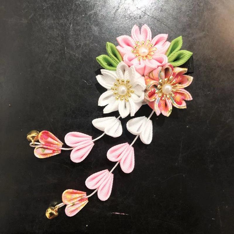 Handmade Flower Hair Clip Ancient Style Cloth Material Japanese Kimono Headwear Flower Design Sweet Tassel