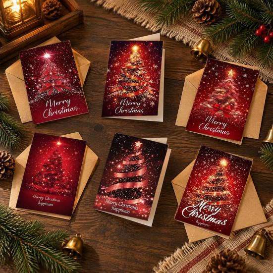 Christmas Greeting Cards for Relatives 6 Pcs Tree Cards, Merry Sparkly Festive Gift Holiday with Envelopes Winter, Xmas Party Supplies Winter Themed