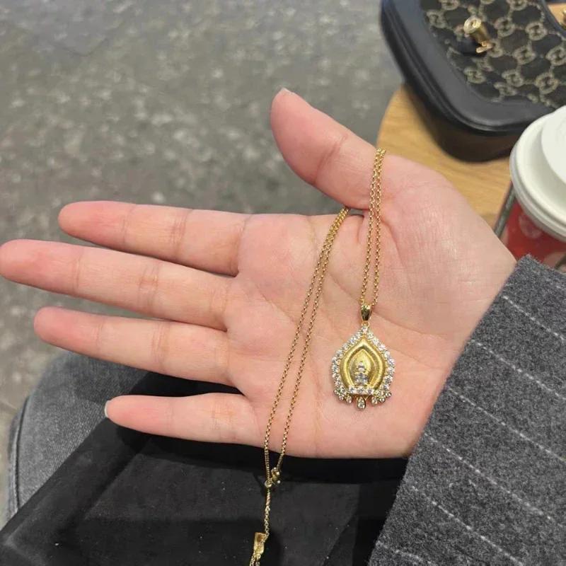 Vintage Design Brushed Craftsm Tower Pendant Necklace Chinese Style Diamond Inlaid Crystal High Quality Charm Chain Jewelry