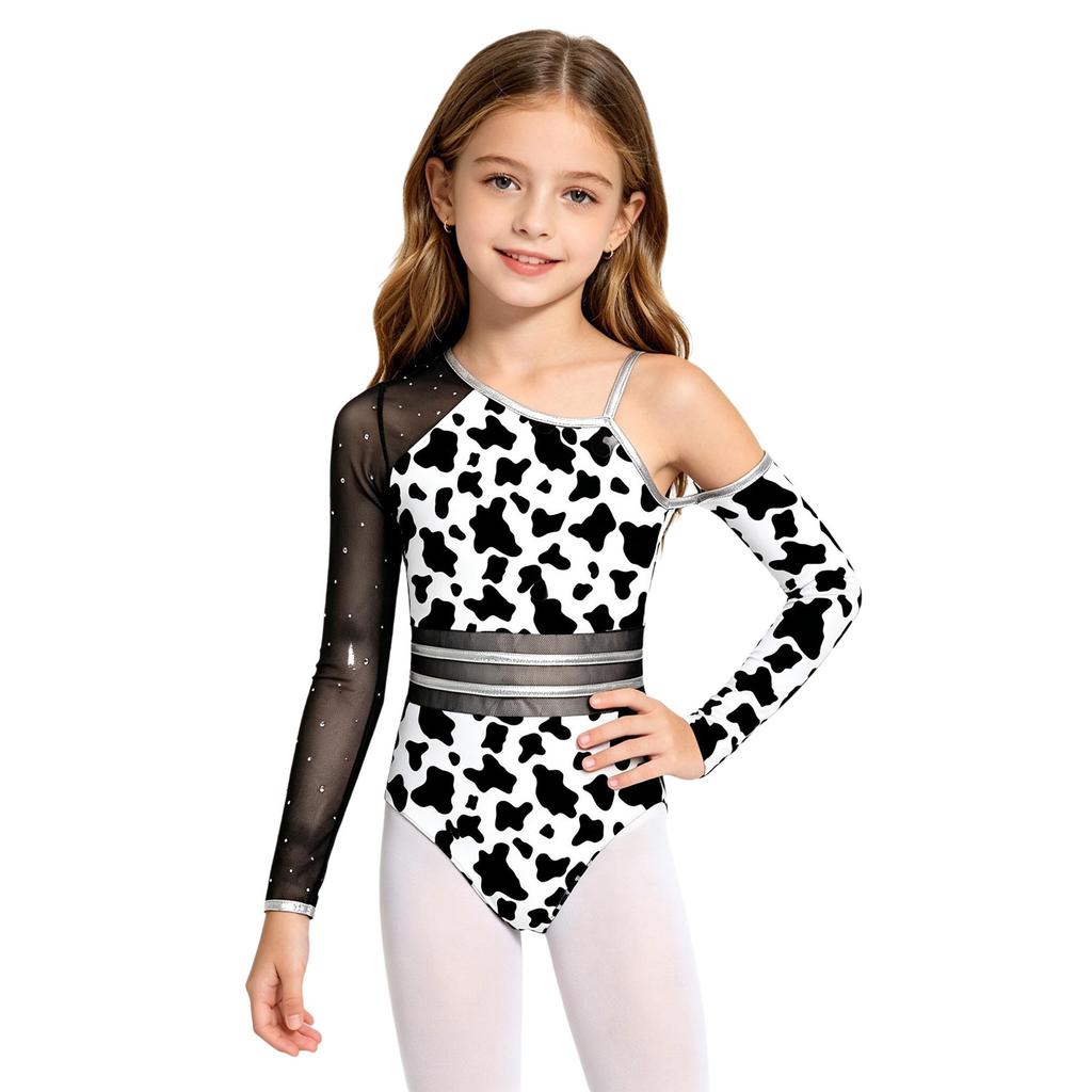 Kids Girls Leopard Printed Gymnastics Ballet Leotards Dance Performance Costume Rhinestones Caveman Jumpsuit with Oversleeve