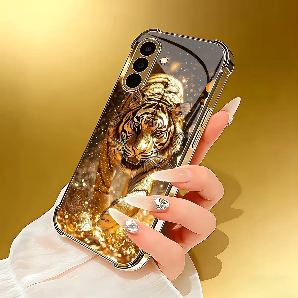Golden tiger pattern glass phone case suitable for Samsung Galaxy S26 S25 S24 S23 S22 S20 FE/Ultra/Plus anti fall back cover