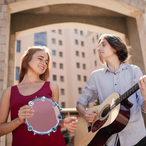 ENNBOM Tambourine, Round, Jingle Bell, 2 Rows, Percussion, Rhythm, Adjustable, 27cm (Blue)