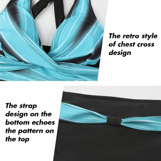2Pcs/Set Women Swimsuit Set Push-Up Padded Tops High-Waist Swimming Trunks Set Patchwork Color Bikini Set