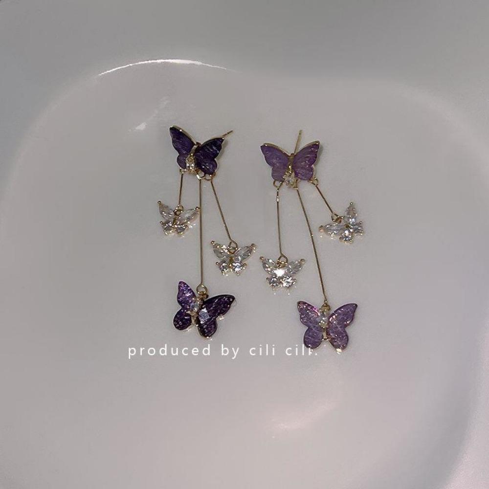 Elegant Sexy Red Butterfly Drop Dangle Earrings with Rhinestones, Alloy Tassel Long Earrings Without Plating, Fashionable Ear Needle