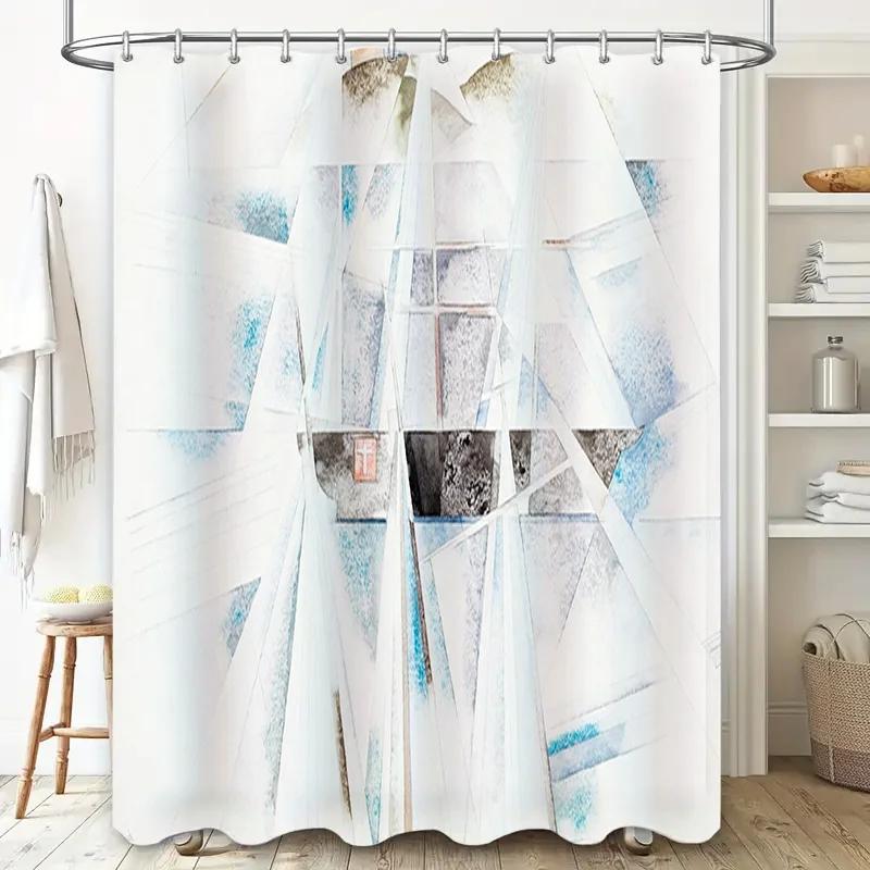 Modern Geometric Blue White Print Shower Curtain Waterproof Bathroom Decor for Kids Bathrooms Large Size Decoration Curtains