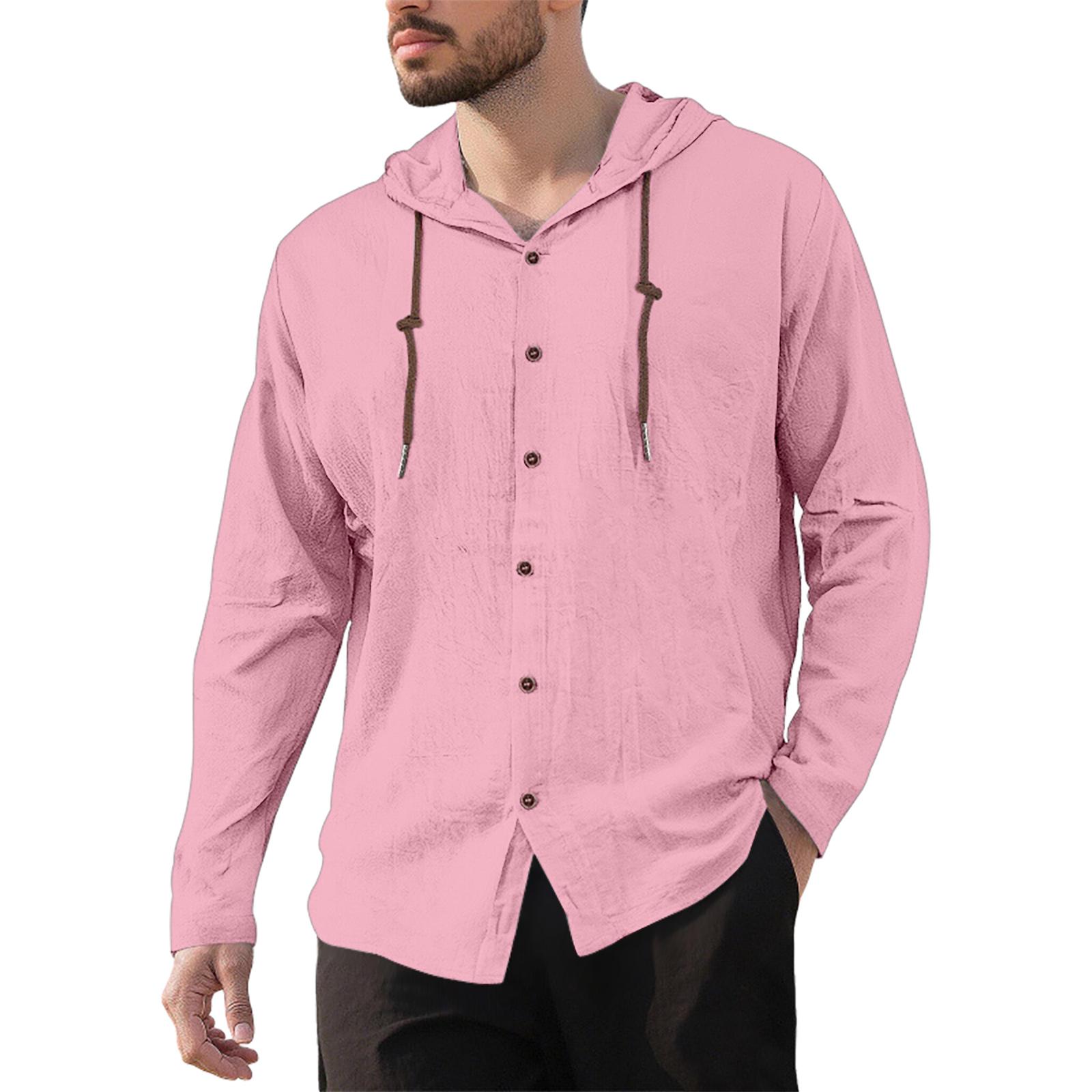 

Men s Casual Cotton-Linen Blend Hooded Button-Down Shirt XL рожевий