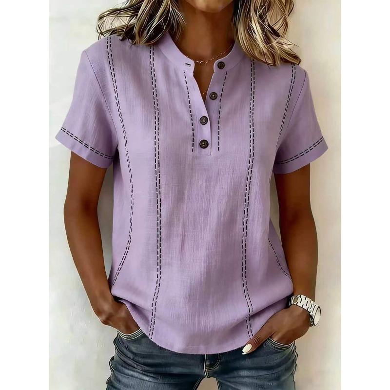 Camicia da Donna Estiva Casual Stampata a Bottoni con Scollo a Girocollo a Maniche Corte Ampia