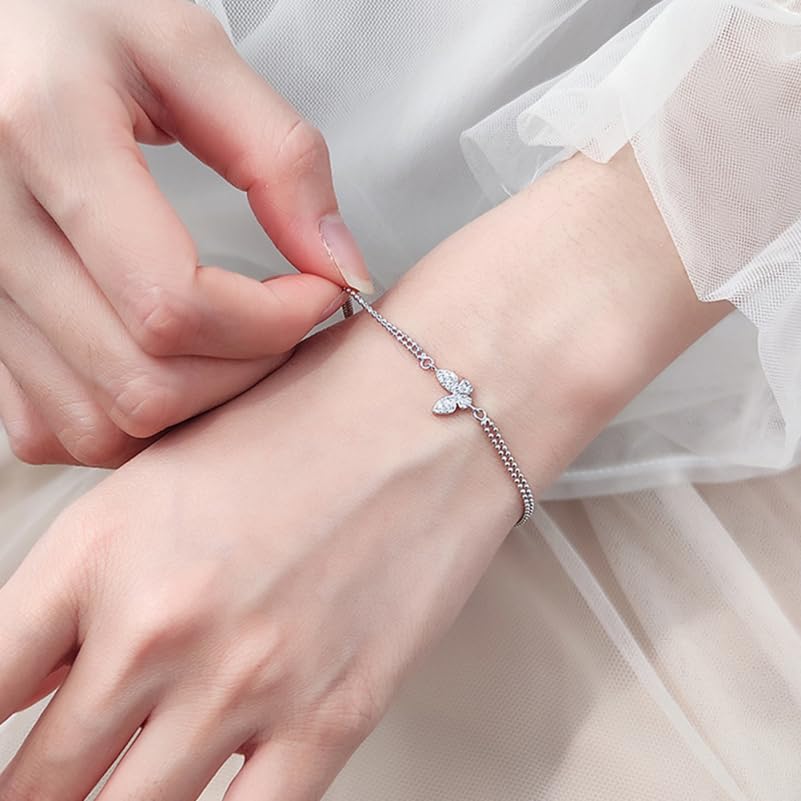 TENDYCOCO Butterfly Bracelet, Double Chain, 925 Sterling Silver, Women's, Cute, Simple, Adjustable, Stackable