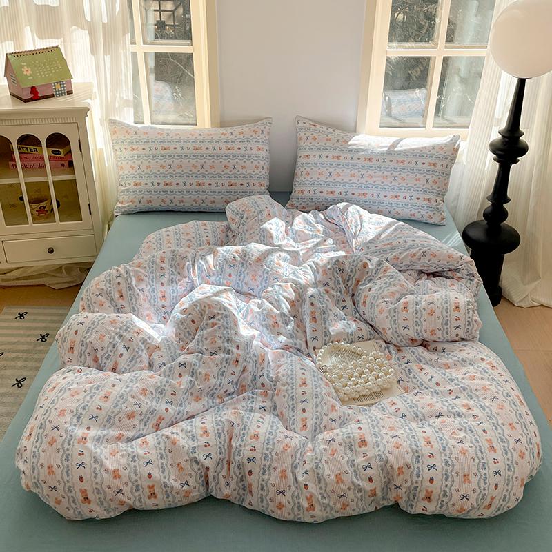 Cute Girl Duvet Cover Set Floral Pastoral Style Duvet Cover Fluffy Comfortable 4Pcs Bedding Set with 1Flat Sheet Pillowcase