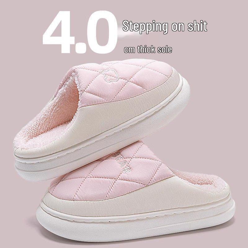 Dirt-Resistant Waterproof Cotton Slippers for Women, Simple Grid Pattern, Non-Slip, Durable, Indoor Warmth, Essential Home Footwear