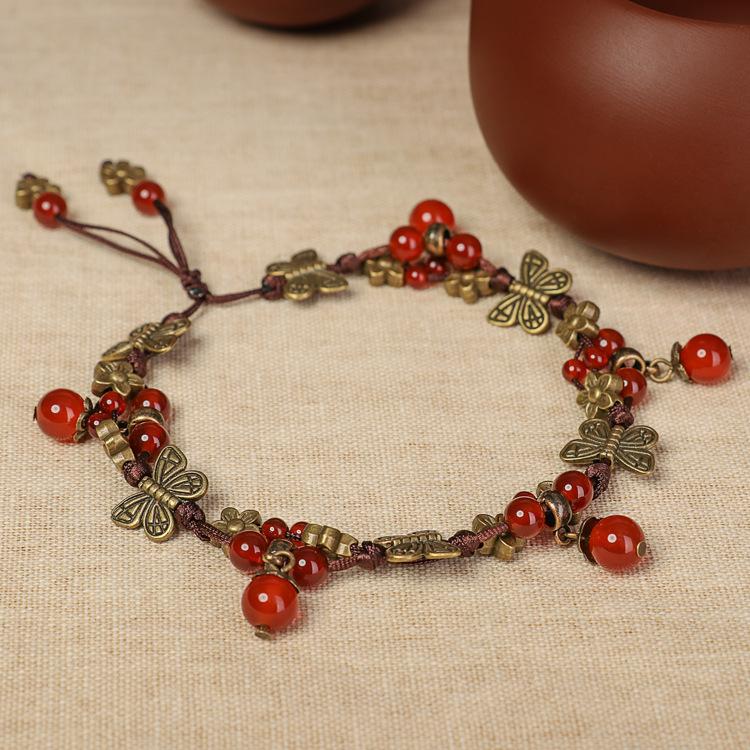 Hand-woven agate bracelet women's vintage bohemian butterfly flower fringed pendant anklet
