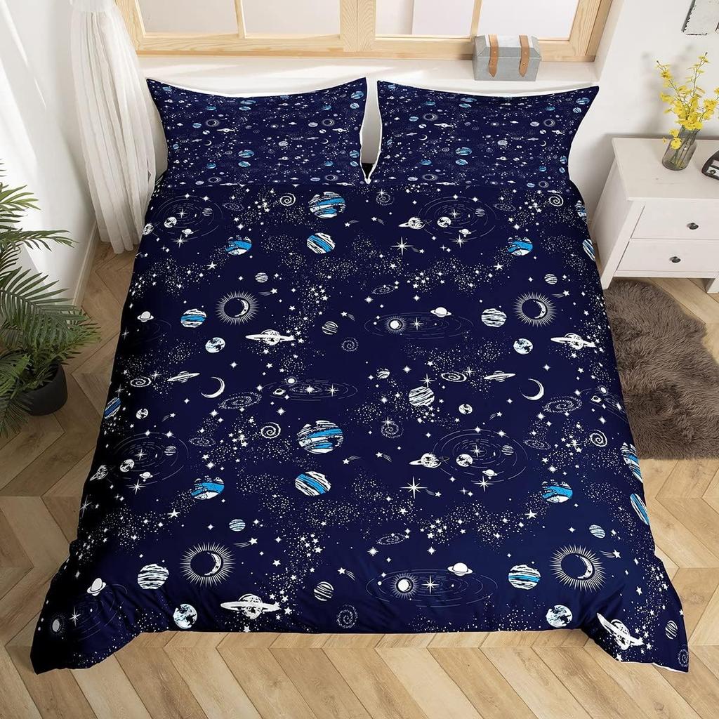 Space Themed Bedding Set Galaxy Outer Space Duvet Cover Set Full Queen For Boys Girls Earth Planets Moon Stars Comforter Cover