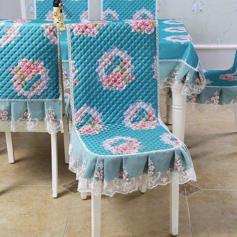 Blue One-piece Chair Cover Table Cloth Dining Chairs Mat Seat Cushion Anti-skid  Lace Chair Cushion Dustproof Cloth Wedding Party Home Decoration