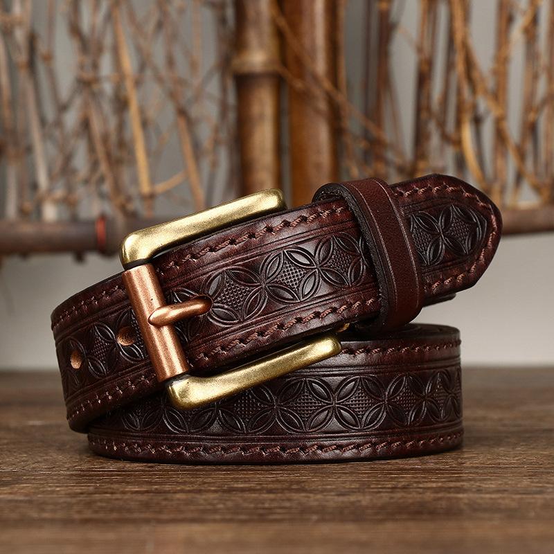 Retro Fashion Trend Embossed Two Sides Available Thickened Belt Men'S Leather Pin Buckle First Layer Cowhide Belt Women