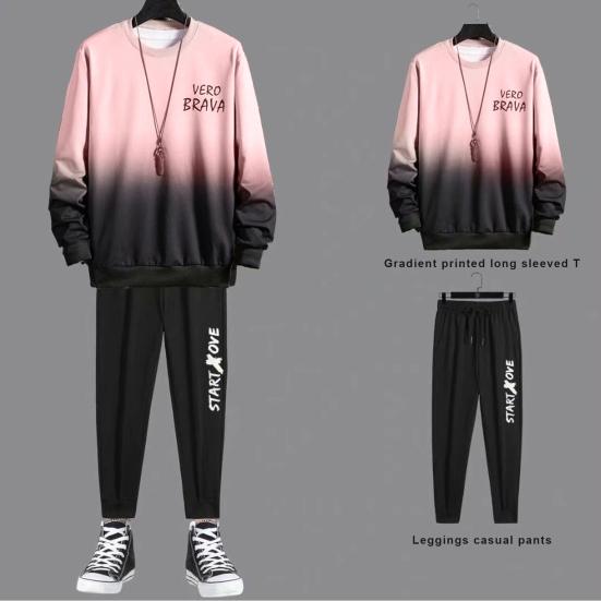 2 Pcs/Set Men Top Pants Suit Gradient Contrast Color Long Sleeve Round Neck Loose Elastic Waist Ankle Banded Hip Hop Sports Tracksuit Fall Spring Top