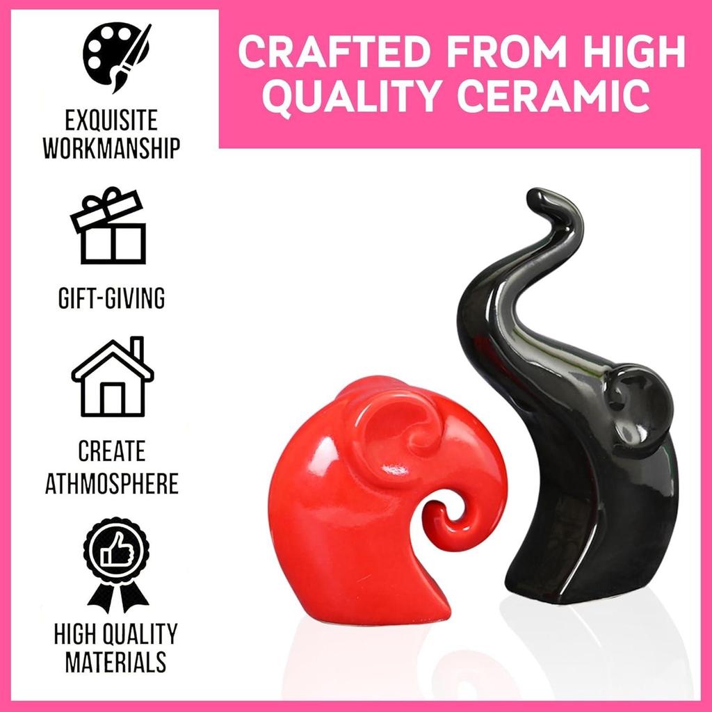 Elephant Family Showpiece, Ceramic Gloss Finish Auspicious Figurines for Living Room, Office, Bedroom (Set of 2)