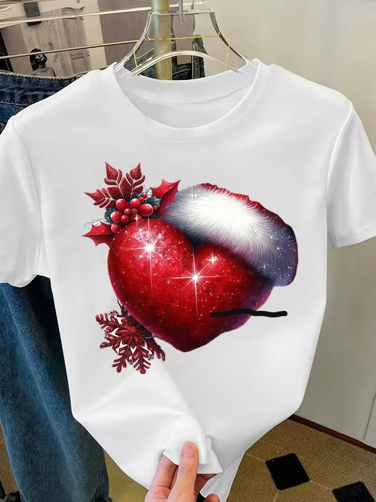 (Asian Size) style truck trend Merry Christmas Short Sleeve T-shirts Women's Top O-neck T Shirt Print Fashion Casual New Year Clothing Graphic Tee