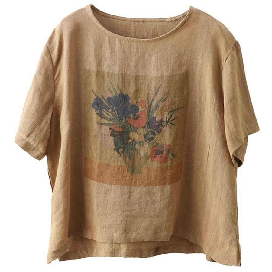 Temperament lässiges kurzärmeliges Oberteil für Pendler Sommer neu Baumwolle und Leinen bequem literarisch retro Rundhals-T-Shirt Damen