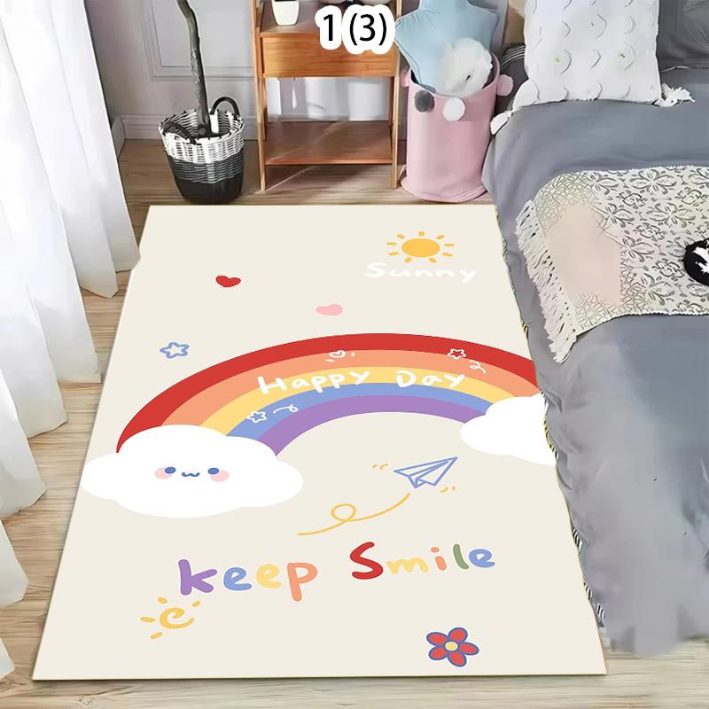 Cartoon Rainbow Living Room Rug Playful Hand Drawn Letter Smile Print Home Decor Carpet Soft Non-Slip Floor Mat for Kids Bedroom