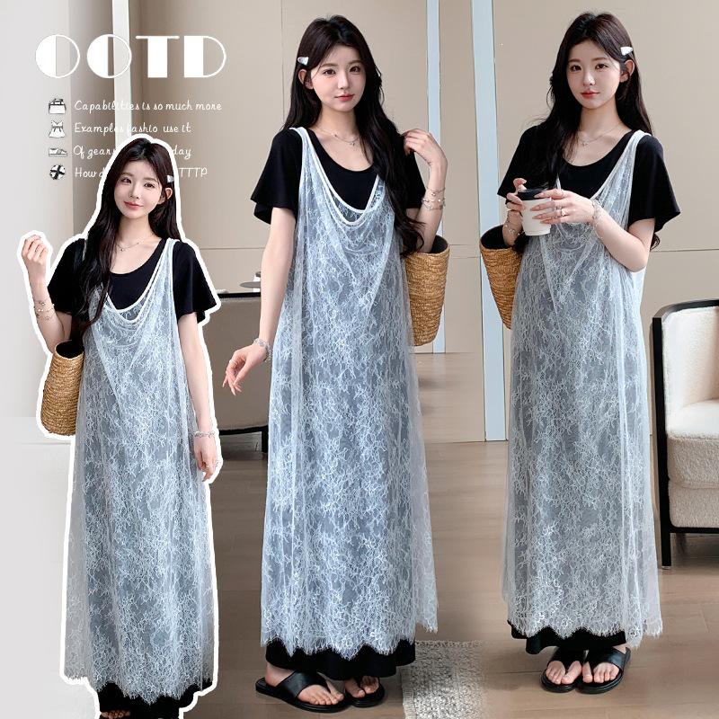 2026 Summer Lace Two-Piece Plus Size Dress with Short Sleeves M