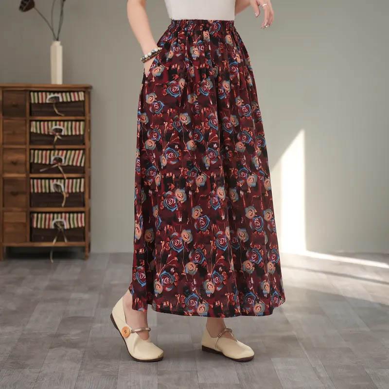 Skirt for Women Casual Vintage Floral Elastic High Waist Long Loose Trousers Stretchy Slim Skirt