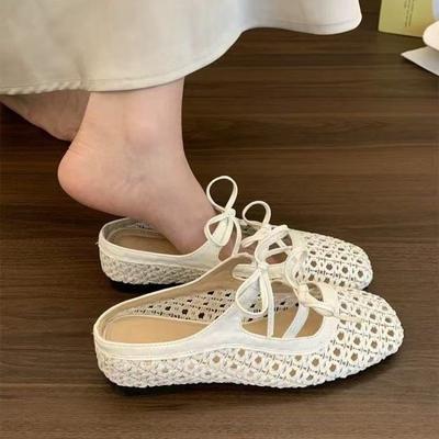 Women Slippers 2026 Summer New French Braided Hollow Bow Mary Jane Single Shoes with Inner Height Increase Baotou Half Slippers