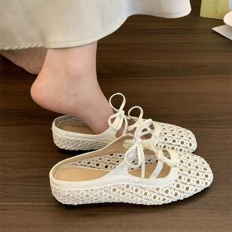 Fashion Women Slippers 2025 Summer New French Braided Hollow Bow Mary Jane Single Shoes with Inner Height Increase Baotou Half Slippers