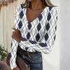 Women's Casual V-Neck Plaid Print Long Sleeve Ribbed Top for Fall and Everyday Wear