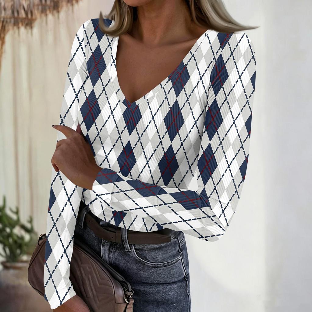 Women's Casual V-Neck Plaid Print Long Sleeve Ribbed Top for Fall and Everyday Wear