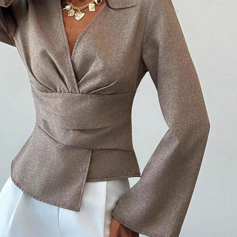 Women's Spring/Fall Elegant Pleating Waist Asymmetric Hem Flare Sleeve V-Neck Pullover Blouse Commuting Back Zip Slim Fit Tops