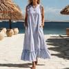 Sommer Gestreiftes Maxikleid für Damen Rundhalsausschnitt Ärmellos Rüschen A-Linie Schwingendes Kleid Strand Freizeit Fließendes Sommerkleid mit Taschen