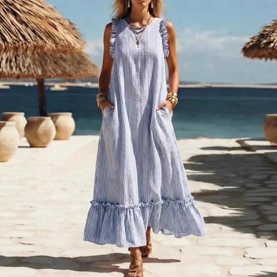 Sommer Gestreiftes Maxikleid für Damen Rundhalsausschnitt Ärmellos Rüschen A-Linie Schwingendes Kleid Strand Freizeit Fließendes Sommerkleid mit Taschen