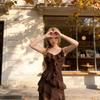 Women's Ruffle V-Neck Spaghetti Strap Summer Dress - Irregular Hem, Waist-Cinching A-line for Vacation