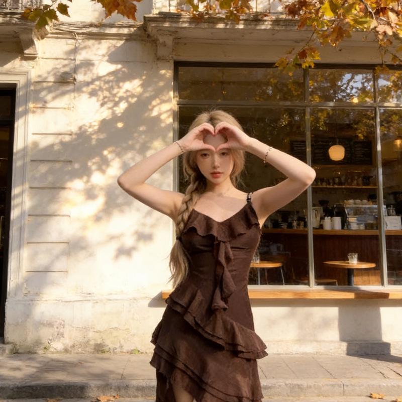 Women's Ruffle V-Neck Spaghetti Strap Summer Dress - Irregular Hem, Waist-Cinching A-line for Vacation