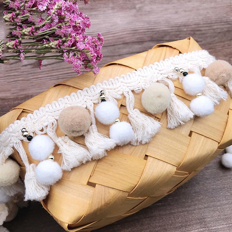 1 Yard White Cotton Tassel Lace Trim Webbing Fabric Handmade Beaded Ball Diy Curtain Clothing Sewing Craft Accessory