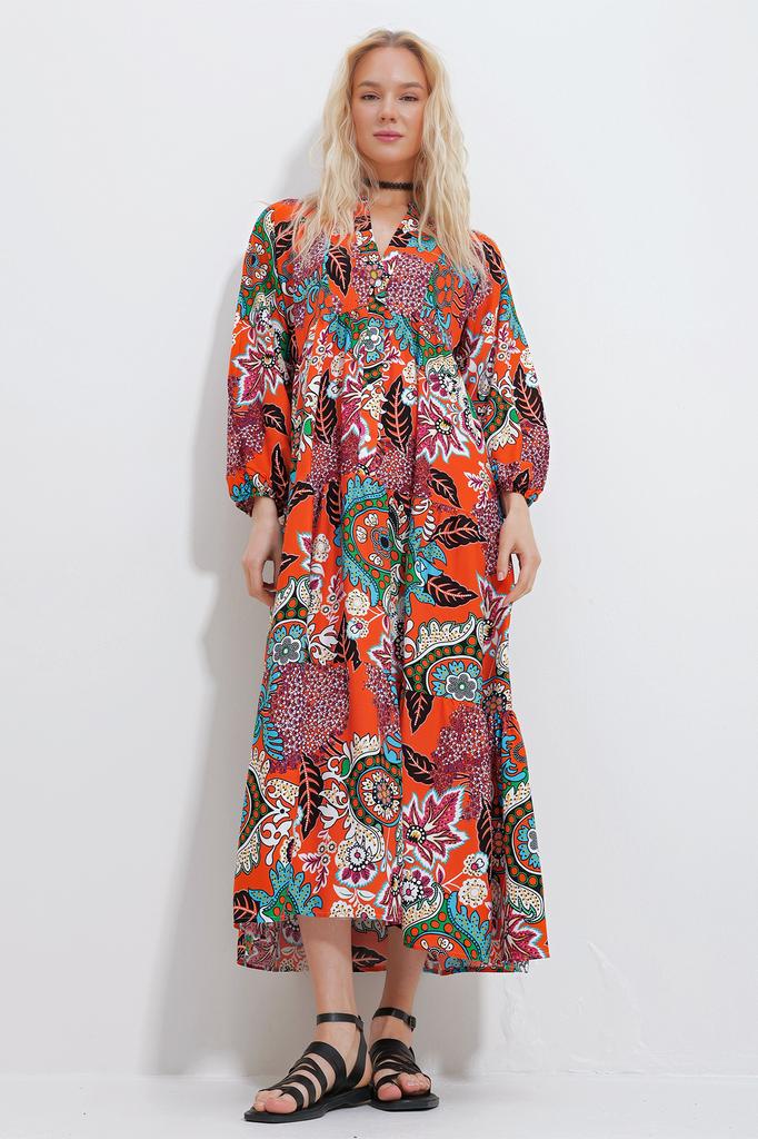 Women's Hijab Dress New Season Fashion Orange Magnetic Collar Paisley Patterned Maxi Dress