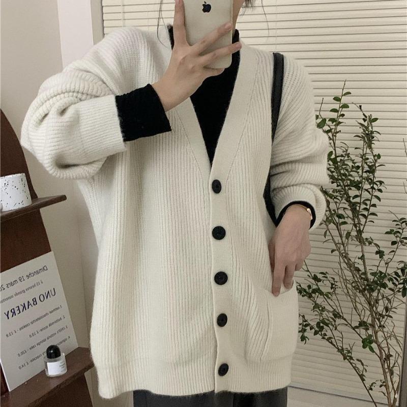 Retro Lazy Wind V-Neck Knitted Cardigan for Women's Autumn and Winter New Loose Versatile Single-breasted Sweater Jacket for Women