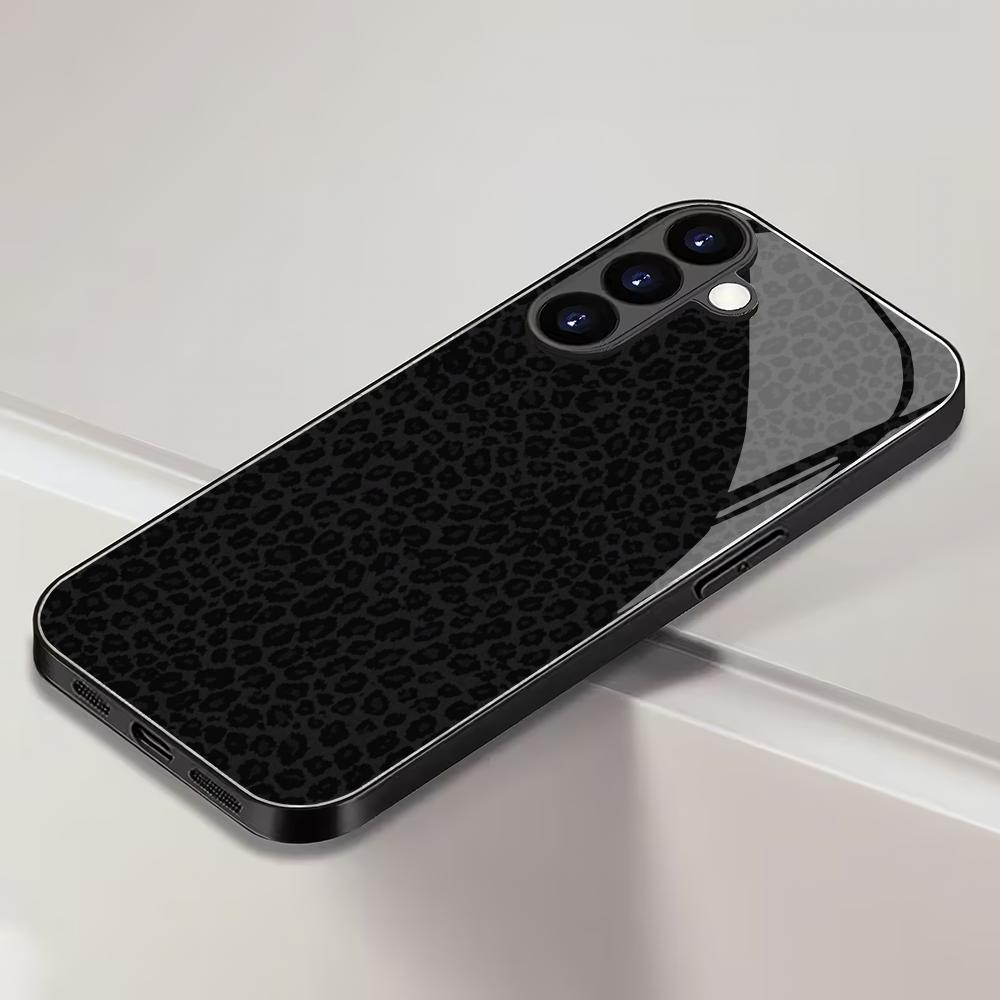 Black leopard print tempered glass phone case suitable for Samsung Galaxy S26 S25 S24 S23 S22 S21 S20 FE/Ultra/Plus anti drop