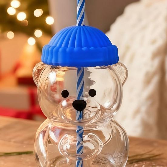 Yousheng Medvídek Pítko s víčkem a brčkem Roztomilý design medvídka Skleněný kelímek na džus, mléko, čaj, smoothie Vhodný do mikrovlnné trouby Kelímek na nápoje pro děti a dospělé