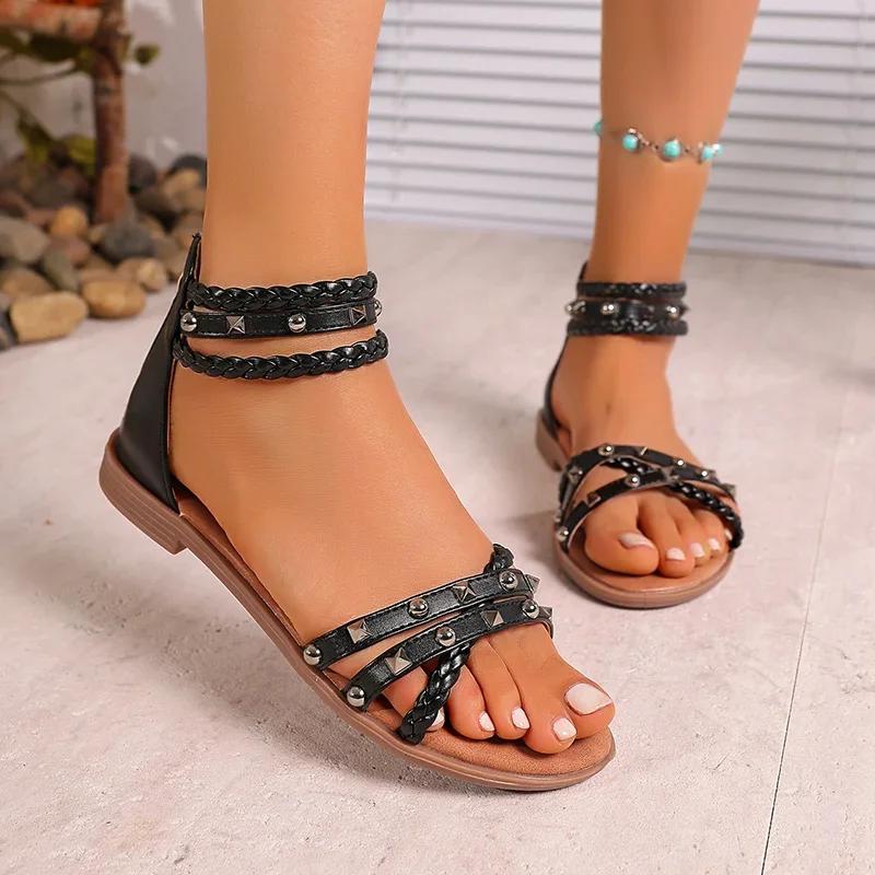 Fashion Roman Style Rivets Flat Sandals for Women Fashion Braided Ankle Strap Gladiator Sandals Woman Summer Comfy Non Slip Beach Shoes