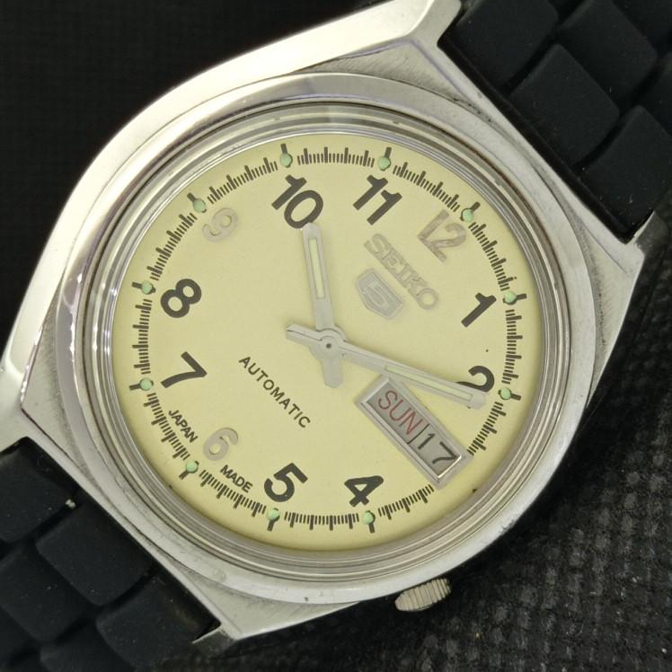 

USED VINTAGE SEIKO 5 AUTOMATIC 7009A JAPAN MENS D/D CREAM WATCH 608i-a316887-9 SKU608i-a316887