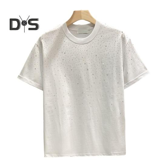 

Летняя мужская футболка с декором из стразов, круглый вырез, свободный чистый цвет, пуловер с короткими рукавами, повседневная повседневная одежда средней длины, спортивный топ XXXL