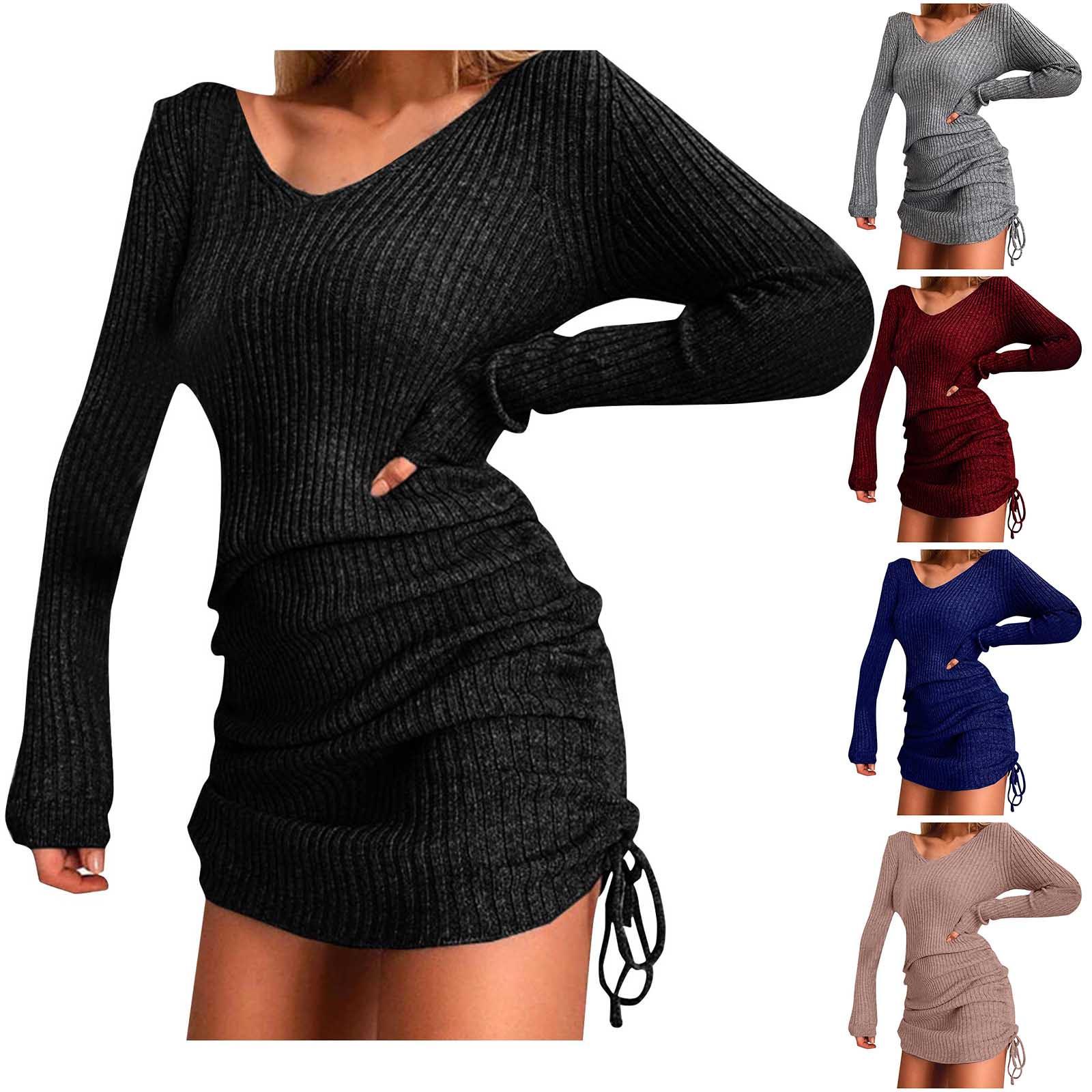 

Женский осенне-зимний вязаный свитер, сексуальное тонкое мини-платье, зимнее плиссированное клубное вечернее платье с v-образным вырезом и длинными рукавами на шнурке для женщин