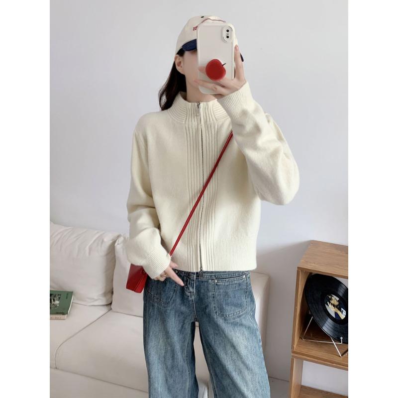 

Stand-up collar zipper knitted cardigan women s autumn and winter design sense round neck loose versatile short casual sweater jacket One Size