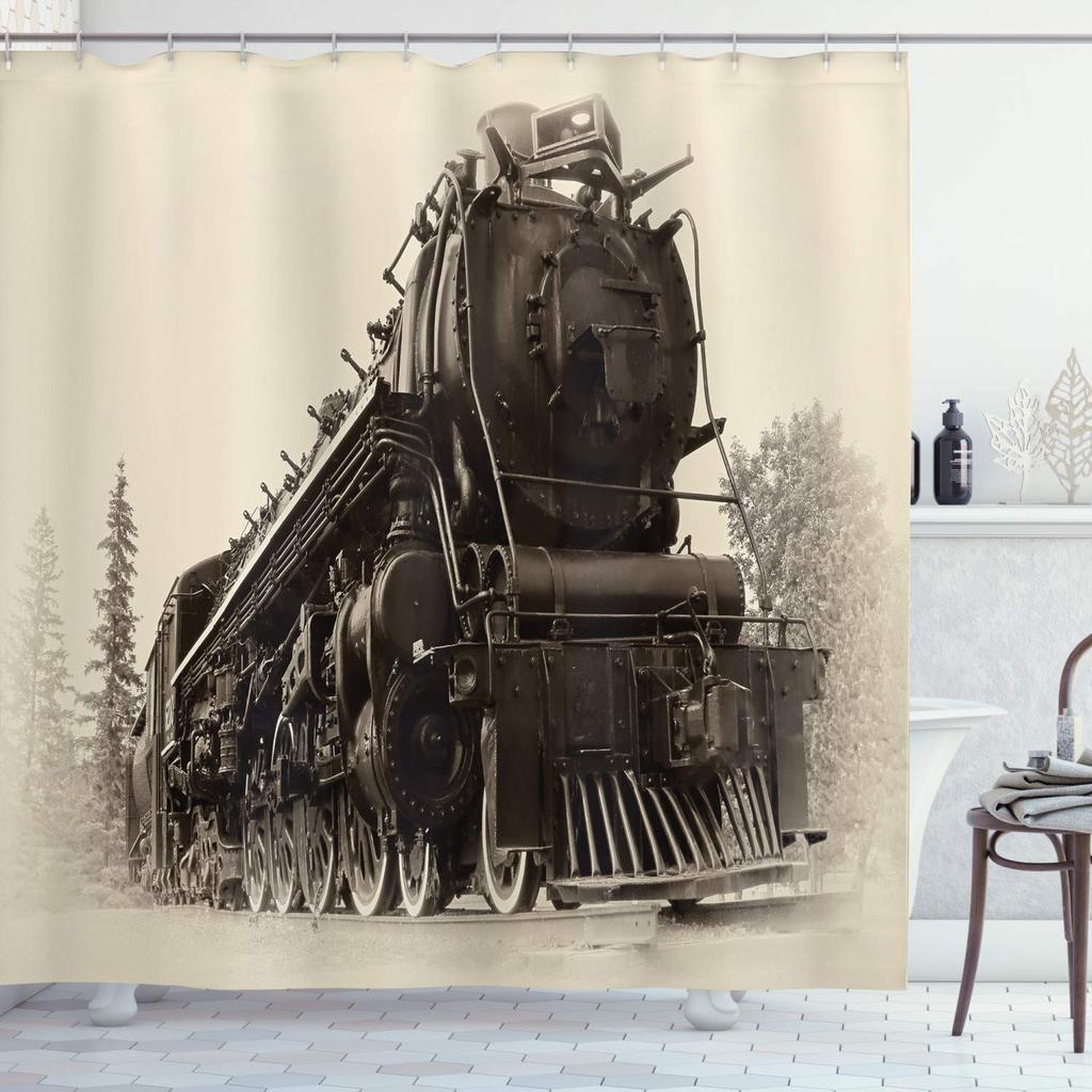 Vintage Industrial Steam Engine Shower Curtain Antique Old Times Locomotive On Rail Road Retrotrain Station Bathroom Curtain